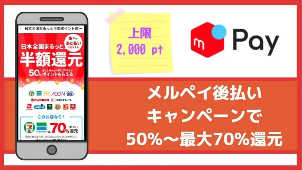 メルペイキャンペーン【2019年6月】後払い対象で50%〜最大70%還元