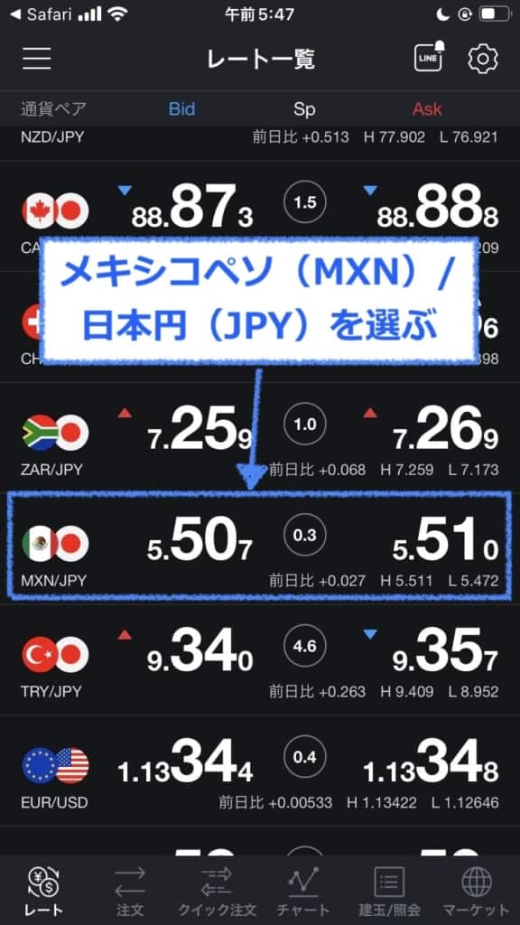 レート一覧から「メキシコペソ/日本円」をタップ