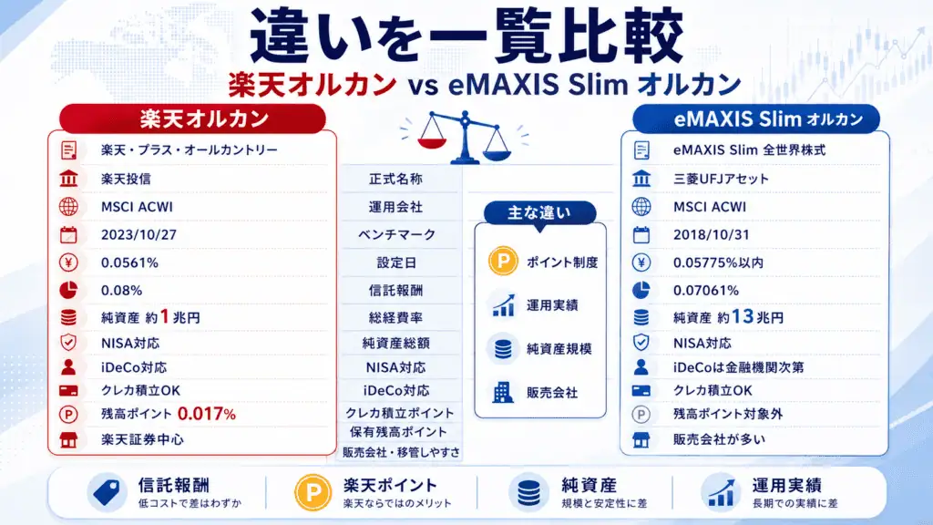 楽天オルカンとeMAXIS Slimオルカンの違いを一覧比較